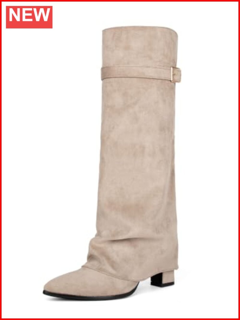 Faux Suede Fold Over Knee High Block Heel Pointed Toe Women's Boots